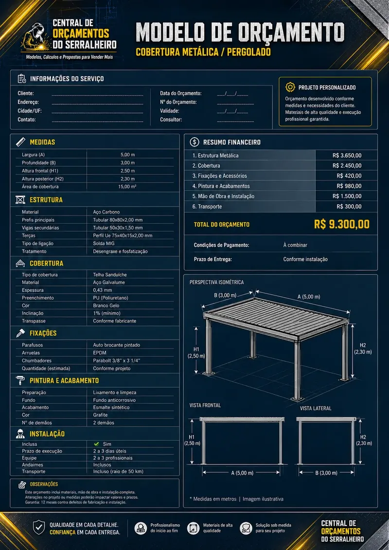 Modelo de orçamento de cobertura metálica e pergolado